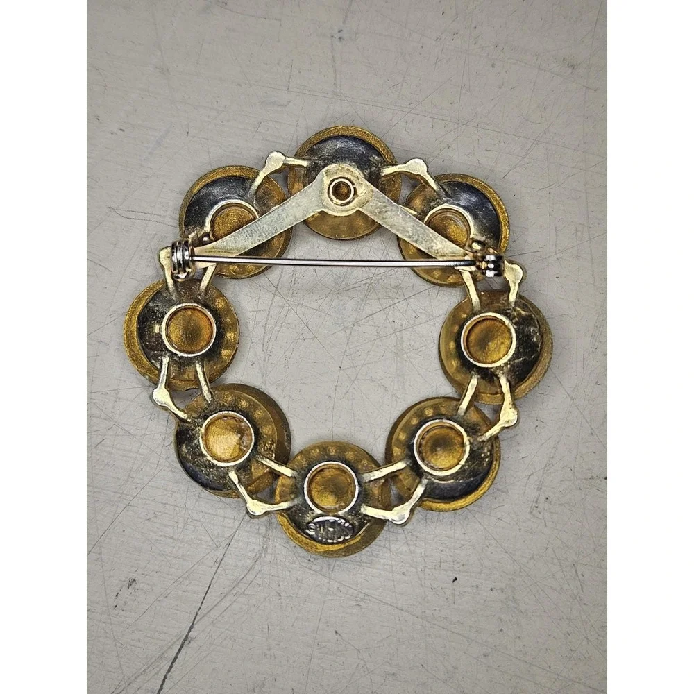 Vintage WEISS Rivoli Rhinestone Brooch Watermelon AB Wreath Gold Tone Pin